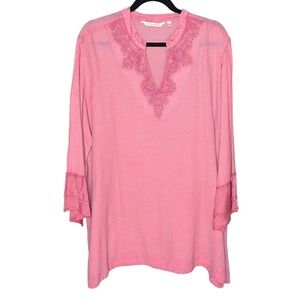 Soft Surroundings Salmon Pink Embroidered Tunic Top Women's Size 1X‎ Bohemian